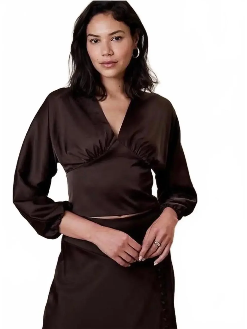 NWT Banana Republic Satin V-Neck Long Sleeve Blouse Top Brown Womens Size 0